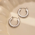 Close-up of silver hoop earrings with textured geometric patterns on a ceramic tray - Geometric Scale Texture Style (BJGE0232) / Silver