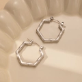 Silver geometric hexagonal bamboo style hoop earrings in a minimalist polished finish - Hexagonal Bamboo Texture Style (BJGE0235) / Silver