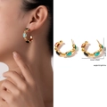 Boucles d'oreilles rétro en acier titane avec pierres cabochon colorées dorées - Style en C Cabochon Multicolore