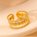 Adjustable golden titanium steel ring with triple-layered beaded and disc design - Triple-layer Beaded Patch (#0232)