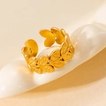 Golden titanium steel open ring with olive branch leaf design and relief texture - Olive Branch Leaf Relief (#0224)