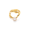 Anillo de acero de titanio dorado multicapa con forma orgánica fluida y perla blanca - Irregular Lava Design (Style 2) / Perla Blanca