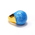 Detailed view of bold gold ring featuring a large dome blue marble texture enamel inlay - US 8 / Gold Blue Enamel
