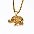 Close-up of golden elephant pendant with intricate saddle carvings and box chain - Gold Pendant Only