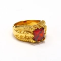 Macro shot of gold dragon claw ring with large square red gemstone and scaled textures - US 7 / Gold Red Stone