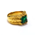 Detailed view of vintage gold dragon ring with textured scales and green emerald stone - US 7 / Gold Emerald Green Gemstone