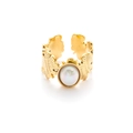 Anillo abierto dorado con textura de hoja y piedra de perla iridiscente y ajustable - Leaf Texture Design (Style 3) / Perla Blanca