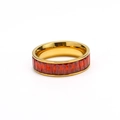 Detail view of gold titanium steel ring with orange baguette-cut zircon inlay - Gold Red Rhinestone 5.5mm
