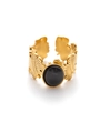 Anillo multicapa de acero al titanio dorado con gema negra ovalada y texturas de hojas - Leaf Texture Design (Style 3) / Ópalo Negro