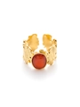 Detalle de anillo bohemio con textura de hoja dorada y piedra preciosa roja central - Leaf Texture Design (Style 3) / Piedra de Ojo de Gato Rojo Anaranjado