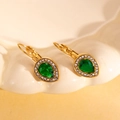 French vintage 18K gold plated teardrop earrings with emerald green stone and zircons - Water Drop Style / Green