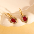 Vintage 18K gold-plated teardrop earrings with red pear-cut stone and diamond halo - Water Drop Style / Red