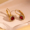 Vintage style 18K gold plated earrings with a red square gemstone and zircon halo - Square Style / Red
