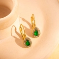 French vintage style gold pear shaped earrings with emerald green stone and white crystals - Pear Shape / Green