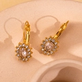 Golden sunflower earrings with oval zircon and 18K gold plating on clay dish - Oval Sunflower Style / Clear