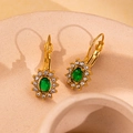 Vintage 18K gold plated earrings with green oval stone and white zircon sunflower halo - Oval Sunflower Style / Green