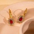 French vintage style gold plated leverback earrings with oval red ruby and white crystals - Oval Sunflower Style / Red