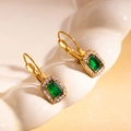 Vintage 18K gold plated earrings with rectangular green stone and crystal halo detail - Rectangle Style / Green
