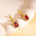 French vintage 18K gold earrings with rectangle red gemstone and sparkling white diamonds - Rectangle Style / Red