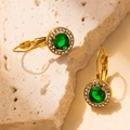 French vintage 18K gold plated hoop earrings with round emerald stone and small zircons - Round Style / Green
