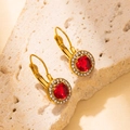 Elegant 18K gold-plated leverback earrings with round red gemstone and halo diamonds - Round Style / Red