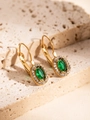 French vintage 18K gold plated earrings with oval green stone and zircon halo - Oval Design / Green