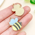 Cartoon bee alloy pendant with yellow drip oil finish and gold metal back for DIY jewelry - Large Yellow Enamel Heart Bee (23029) / 24x17mm