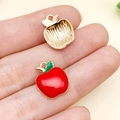 Red enamel apple alloy pendant with green leaf and golden mesh back for DIY jewelry - Red Apple Pendant