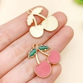 DIY cherry pendant charm in pink enamel and gold finish for jewelry making - Enamel Red Cherry Pendant