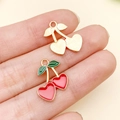 DIY cherry heart alloy charm with red enamel finish and gold leaves for jewelry making - Heart Cherry Pendant Style 2