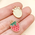 DIY strawberry charm in red enamel alloy with gold leaf and textured gold back detail - Enamel Strawberry Pendant Style 3