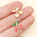 DIY cherry fruit charms for earrings and bracelets with pink enamel and gold finish - Small Cherry Pendant Style 2