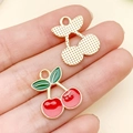 DIY enamel cherry charm in red and green alloy with gold textured back for jewelry making - Red Cherry Charm (23392)