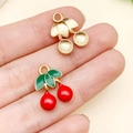 DIY cherry fruit alloy pendants in red enamel and textured gold finish with jump rings - Red Cherry Style (23402)