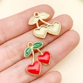 DIY strawberry and cherry pendant charms in gold finish and red heart enamel - Heart Cherry Charm (23443)