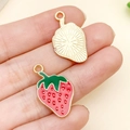 DIY Strawberry alloy pendant with red enamel finish and golden textured back detail - Red Strawberry Charm (23441)
