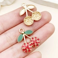 Pendentifs cerises étincelants avec strass rouges et émail vert pour bijoux DIY - Cerise Strass Émail Rouge Or KC (23399) / 17x14x3mm