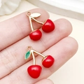 Pendentif cerise en émail avec fruits rouges et tiges dorées pour bijoux DIY - Cerise 3D Émail Rouge Or KC (23408) / 17x16x7mm