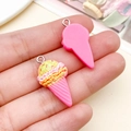 Pink resin ice cream cone charm with colorful sprinkles and metal ring for DIY jewelry - 27x14x7mm / Rose Red
