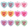 Set of 12 resin heart pendants in macaron colors with KISS ME print for DIY jewelry - Kiss Me Theme Set (SN1510)