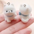 Set of two white flocked puppy charms with blue ribbons and silver keyrings - White Puppy with Blue Scarf (24801) / 29x19x27mm
