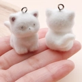 Set of two white flocked cat pendants for DIY keychains showing front and back view - White Sitting Dog with Raised Tail (24802) / 34x20x27mm