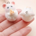 Pair of cute white flocked hamster charms with tiny cheese and silver keyrings - Orange and White Mouse with Cheese (24804) / 31x22x23mm