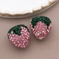 Cuentas de fresa con diamantes rosa y hojas verdes para creación de bisutería - 1 Pieza (16x17mm) / Estilo Rosa (23742)