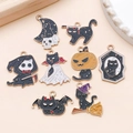 Creative Halloween enamel charms set featuring black cats, ghosts and bats for DIY jewelry - Enamel Black Cat Skull Halloween Set (SN1597)