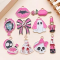 10pcs Halloween Spooky Cute Pink Ghost and Lipstick Alloy Charms for DIY Jewelry - Enamel Magenta Pink Skeleton Halloween Set 10 Pieces (SN1599)
