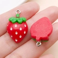 3D red resin strawberry pendant with green leaves and silver loop for DIY jewelry - Strawberry (17064) / 16x25mm
