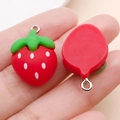 Red 3D resin strawberry charm pendant with green leaves and silver metal ring - Strawberry (17071) / 16x23mm