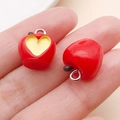Realistic red resin apple charms with heart detail and silver metal loops for DIY jewelry - Bitten Heart Apple (19700) / 14x13mm