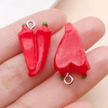 Pair of realistic red chili resin pendants with green stems and silver metal hooks - Vegetable Chili Pepper (23883) / 25x14x11mm